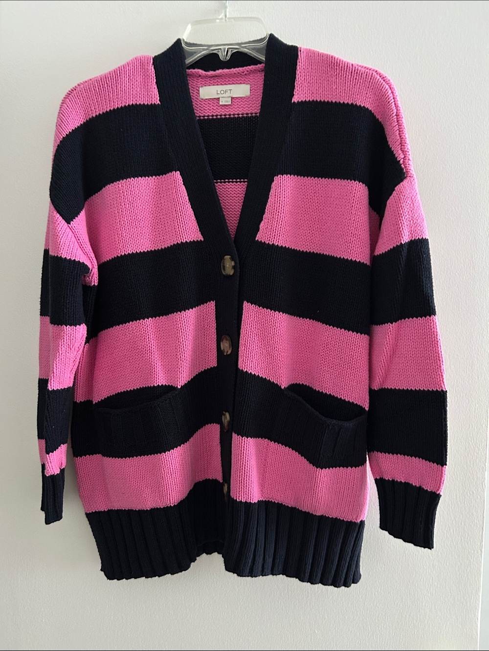 LOFT Navy and Pink Wide-Striped Button Cardigan